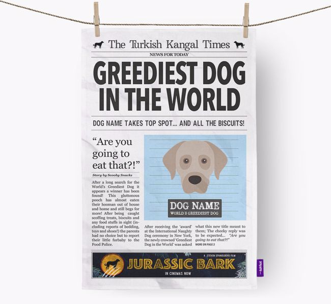 The {breedShortName} Times 'Greediest Dog In The World' Personalised Tea Towel